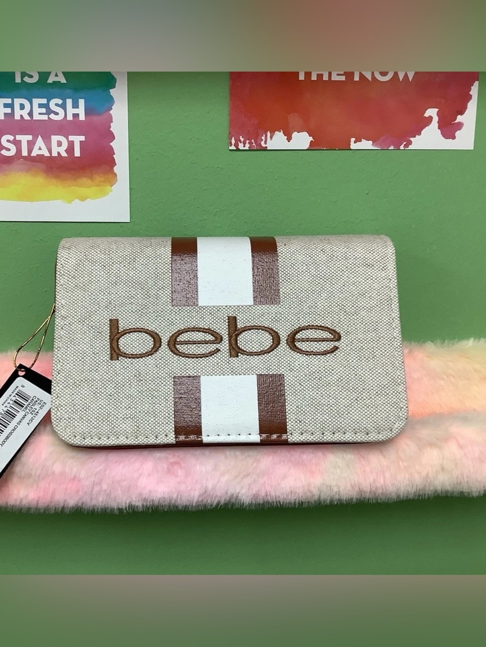 bebe Beige and Brown Logo Stripe Wallet